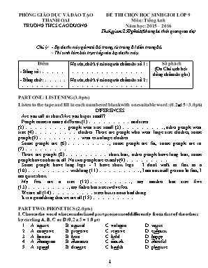 Đề thi chọn học sinh giỏi môn Tiếng Anh Lớp 9 - Năm học 2015-2016 - Trường THCS Cao Dương (Có đáp án)